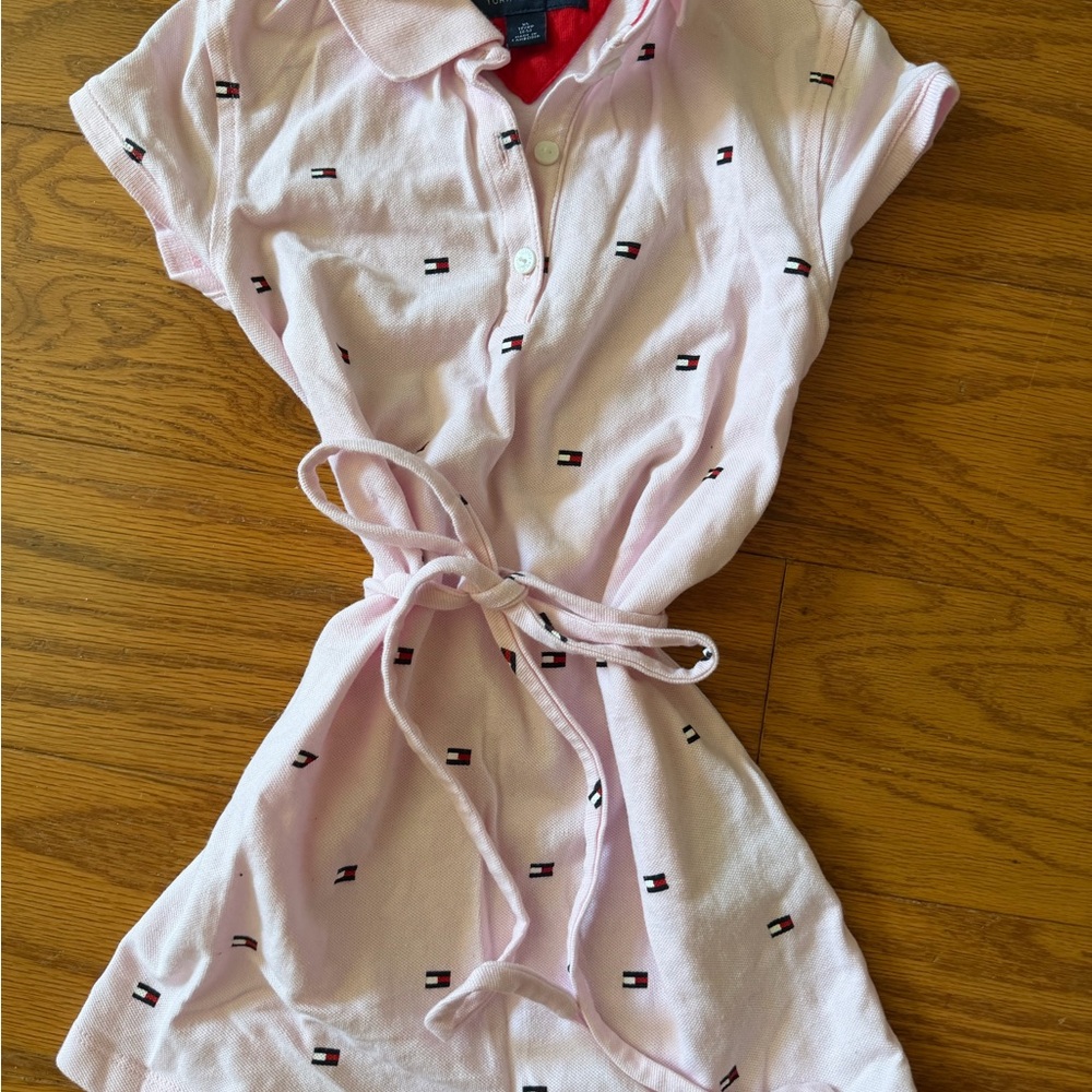 Tommy Hilfiger Light Pink Logo Short Sleeve Polo Dress Girls XS 4-5 Tie Waist